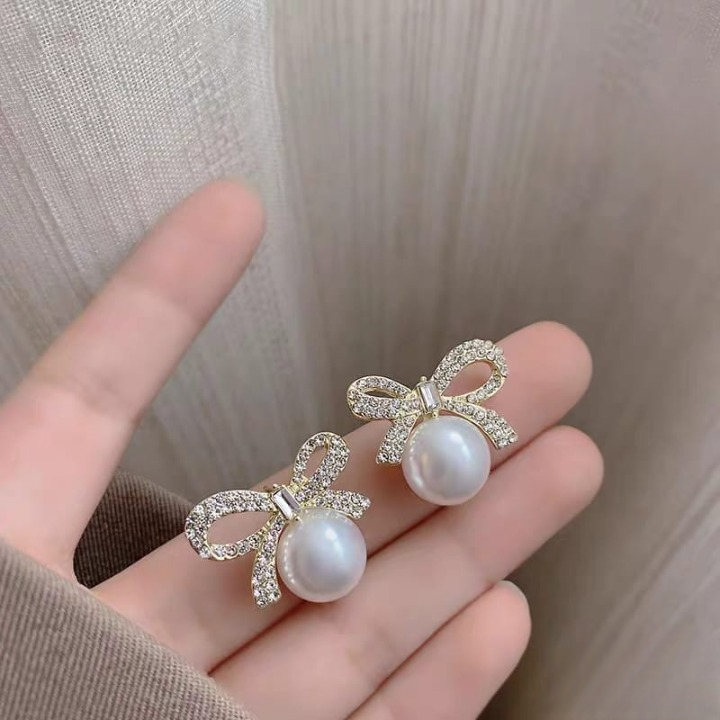 Bow Knot Pearl Earrings with Zircon