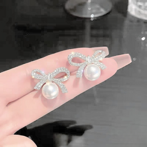 Bow Knot Pearl Earrings with Zircon